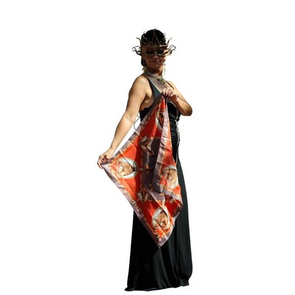 Vintage Horse Print Square Scarf Orange & Purple All Acetate Made In Japan - Picture 4 of 6